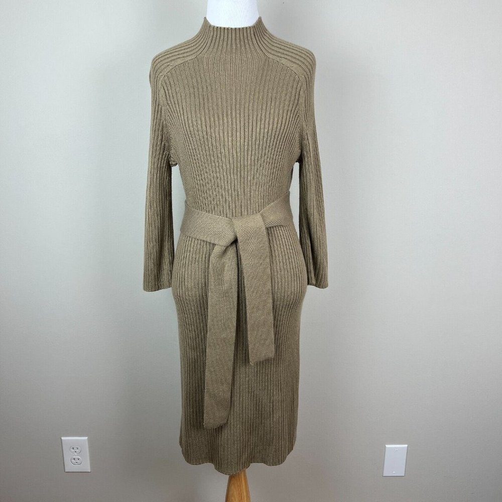 Calvin Klein Sweater Dress Women Large‎ Brown Belted Ribbed Knit 3/4 Sleeve Slim
